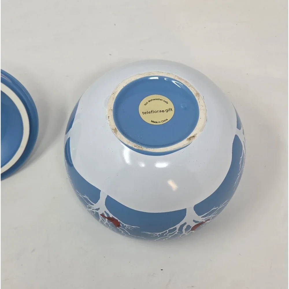 Teleflora Cardinals in Snow Blue Ceramic Ornament Jar Lidded Christmas 8